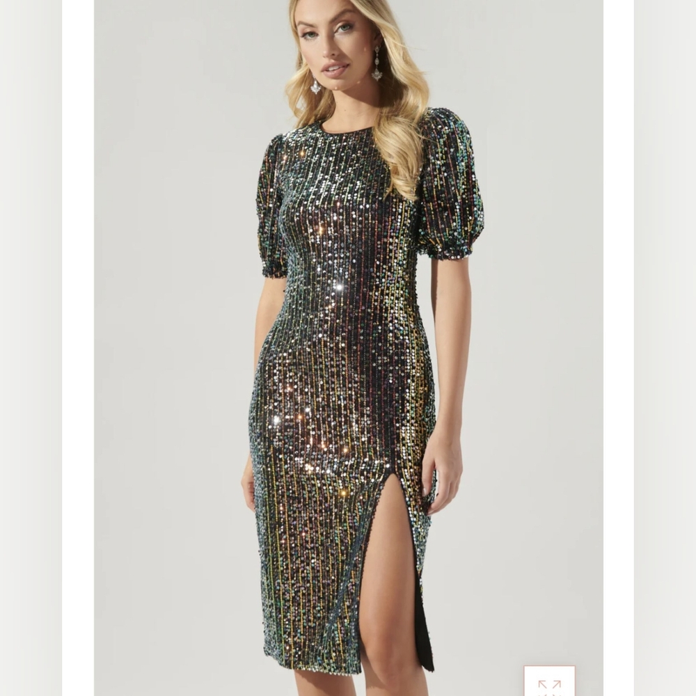 Sugarlips Multi-Color Sequin Puff Sleeve Slit Midi Dress